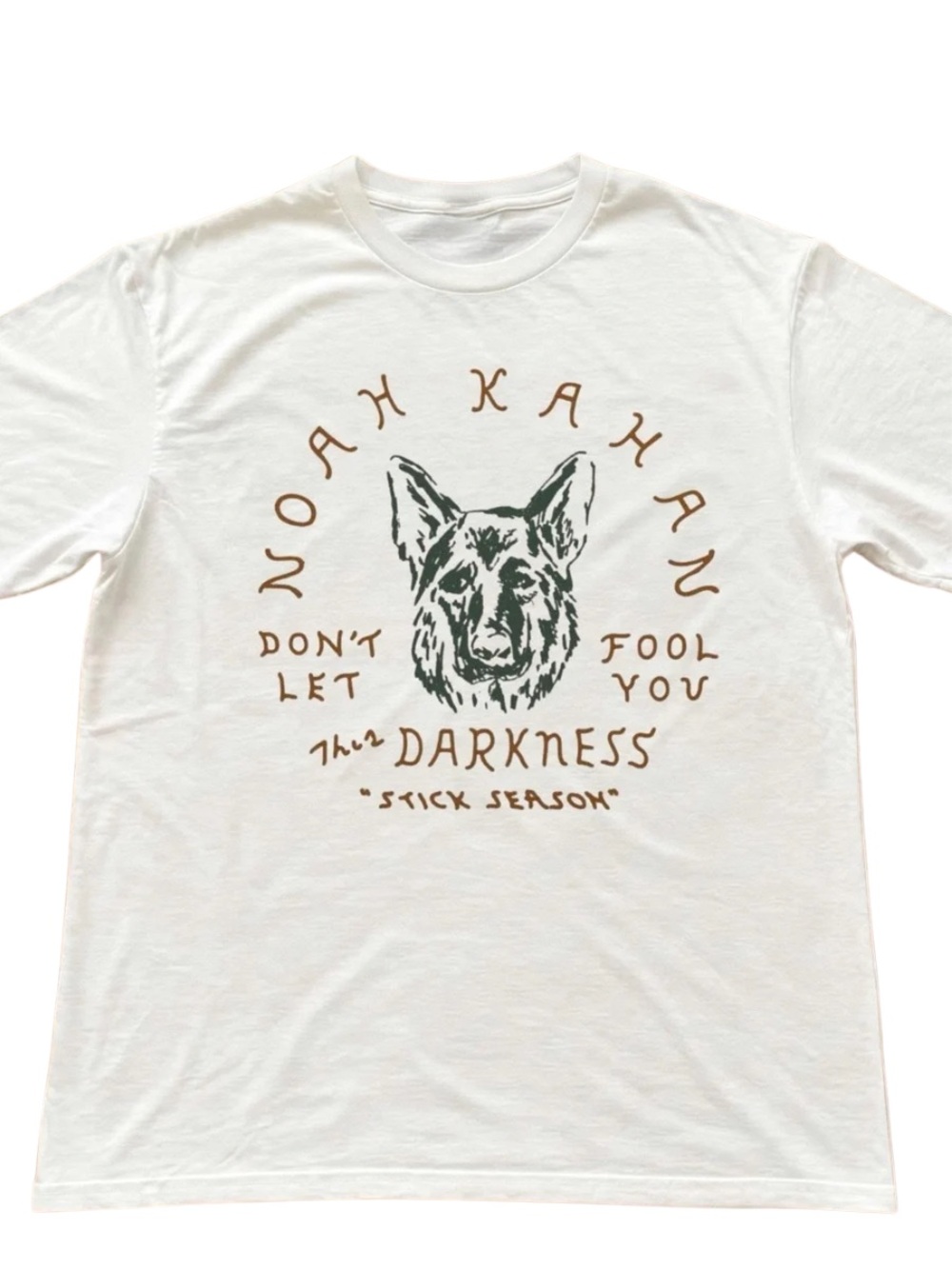 White Tee with Brown Dog Portrait and 'Darkness' Text